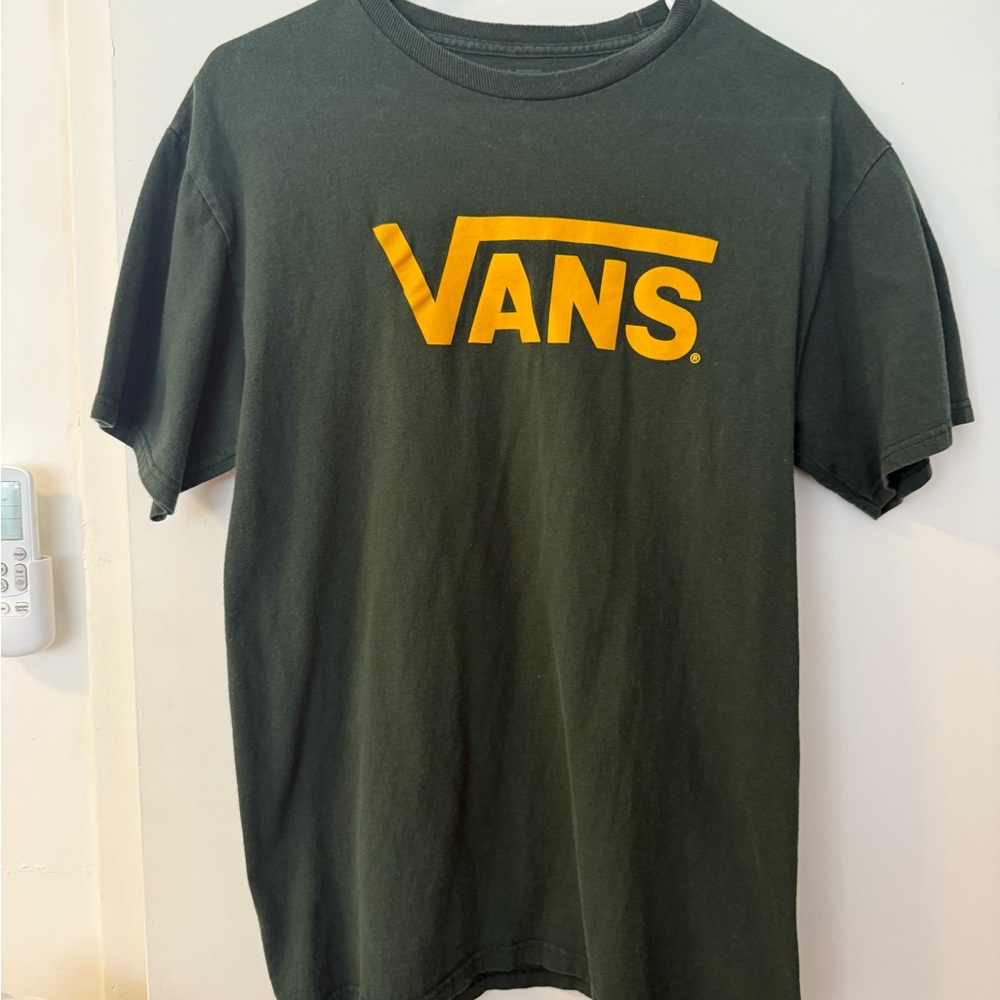 Vans Men's Dark Green Tee with Yellow Logo